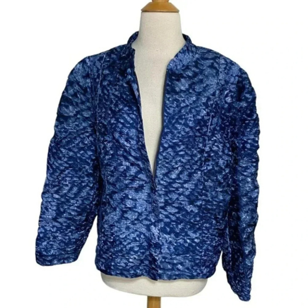Chicos‎ Size 3(L/XL) Blue Textured Jacquard Mandarin Collar Zip Front Jacket